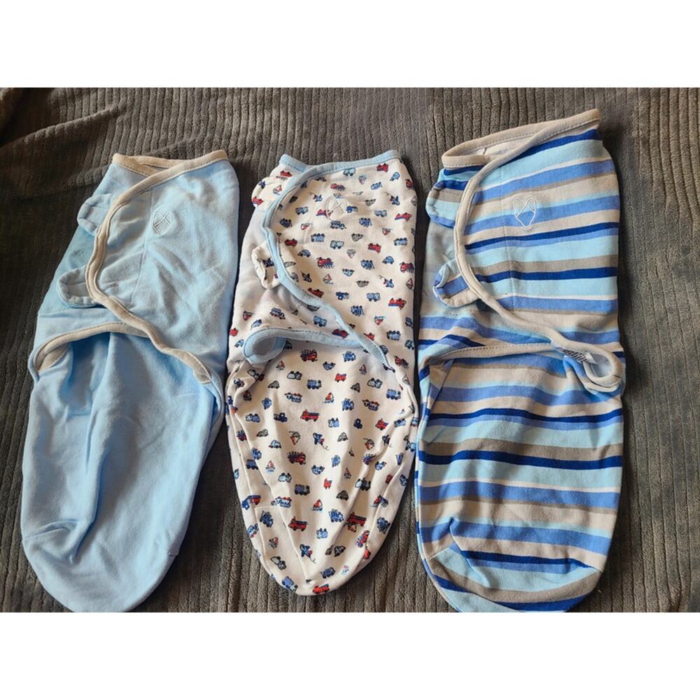 Set of 3 Swaddle Me size SMALL swaddles: blue, striped, & truck print